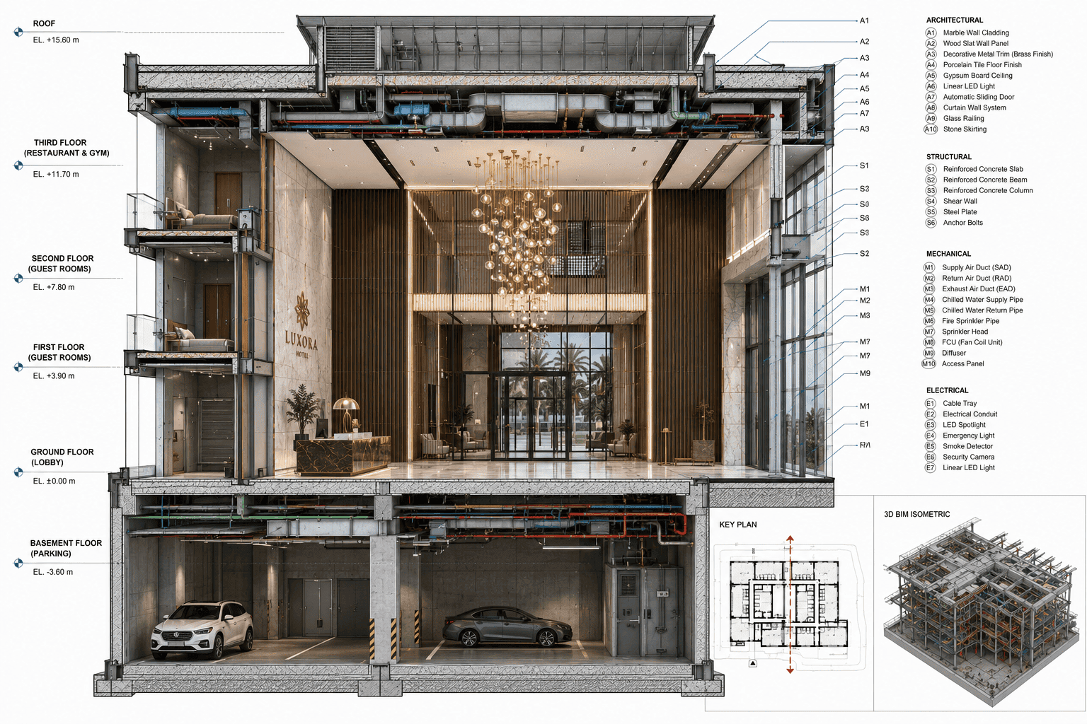 Full building BIM — exploded axonometric showing all architectural and structural elements