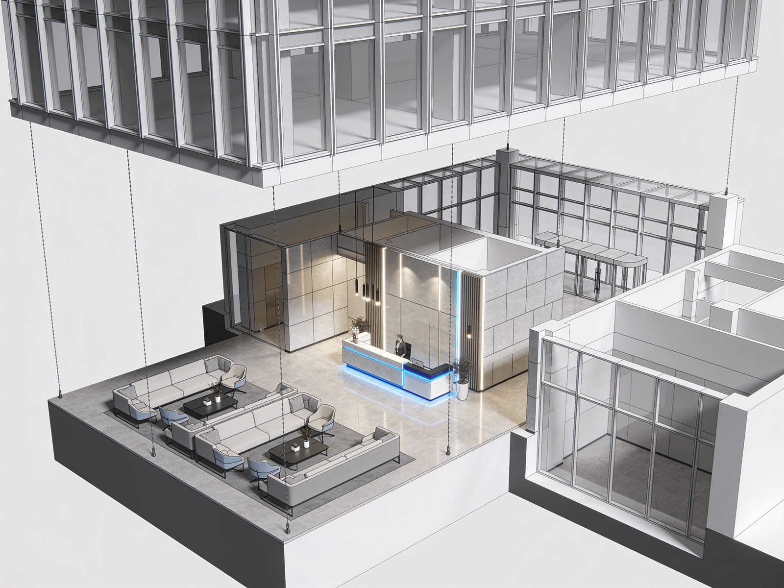 Architectural BIM — exploded axonometric view showing structural and architectural layers