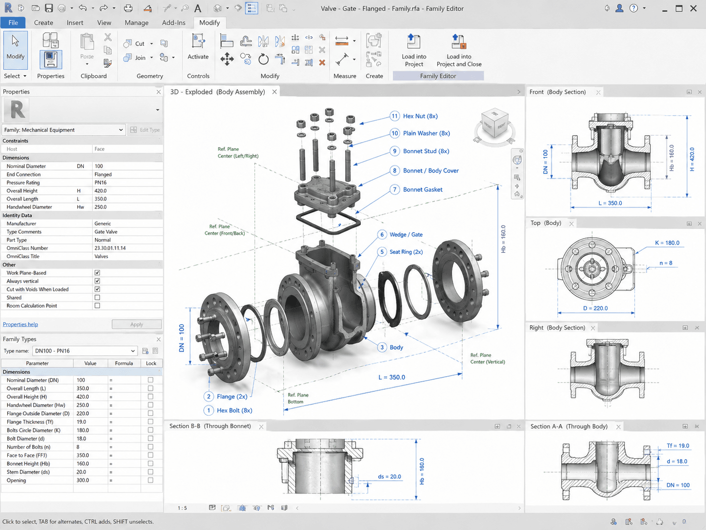 Revit family — exploded view of gate valve parametric family showing all components